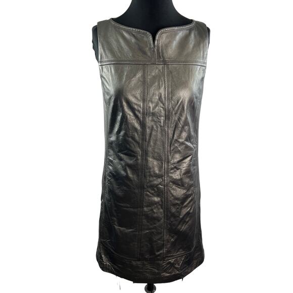 Elie Tahari Asphalt Black Mini Shift Dress Leather Split Neck Back Zip Size 6 - Picture 1 of 11